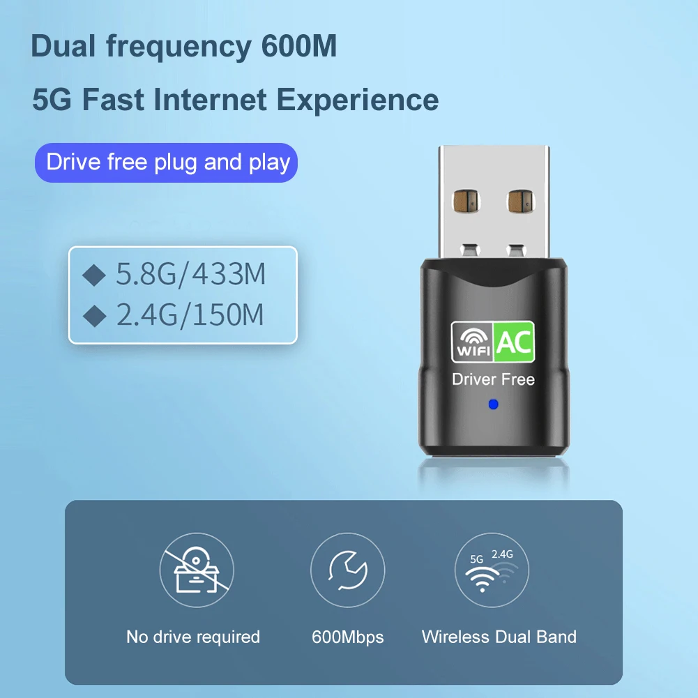 

USB Wi-Fi адаптер 600 м, 2,4 ГГц, 5,8 ГГц, USB беспроводная сетевая карта, Бесплатный диск, совместимый с Windows Vista/XP/Win7/8/10/11