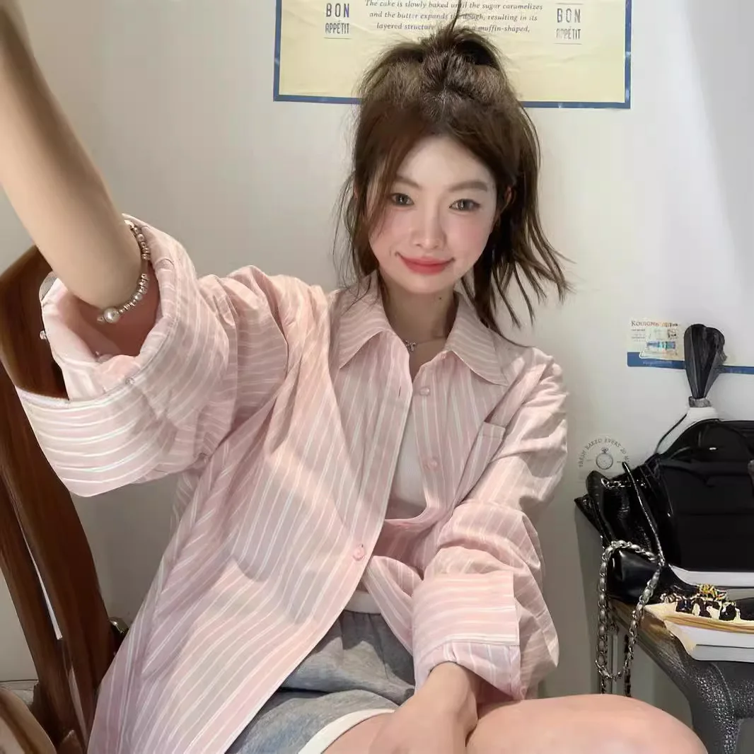 Рубашка женская средней длины в полоску милая блузка Корейском стиле свободная