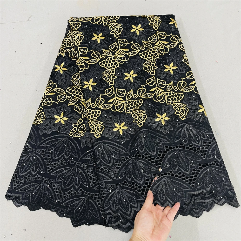 Swiss Voile Lace Fabric 2022 African Cotton Lace Fabric Black Flowers Embroidered Cotton Austria With Stones For Party Materials