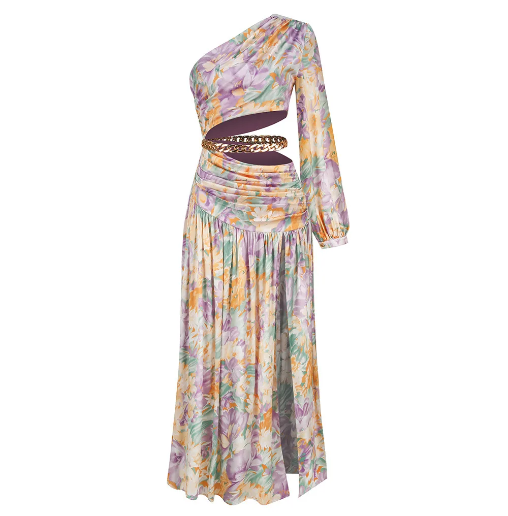 

Женское облегающее Платье макси с цветочным принтом, праздничное платье до пола с открытым плечом, разрезом и цепочкой на лето