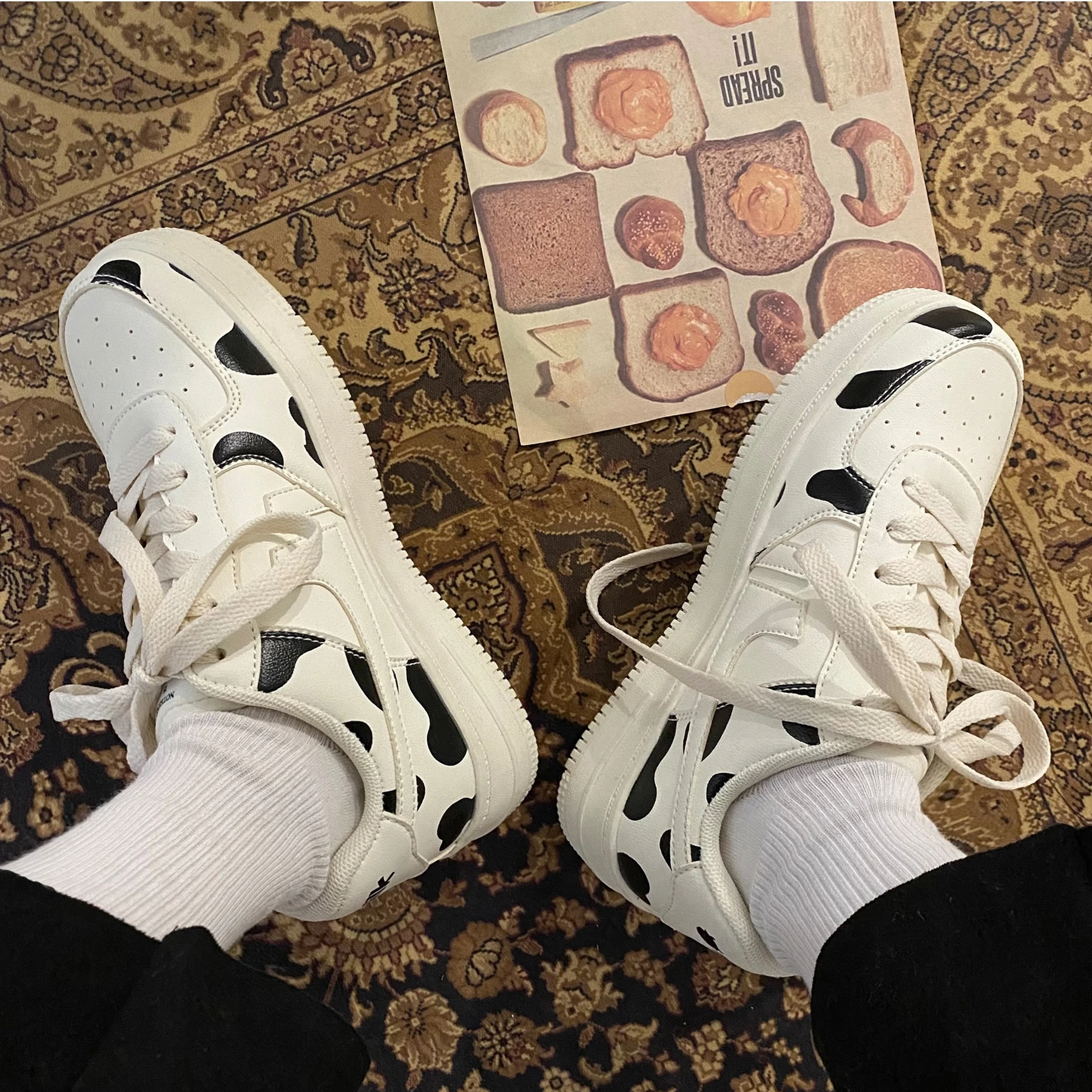 

Cow pattern Lolita Sneaker Women Harajuku Cute Round Head Shoes College Style Casual Street Japanese Shoes Women platform shoes