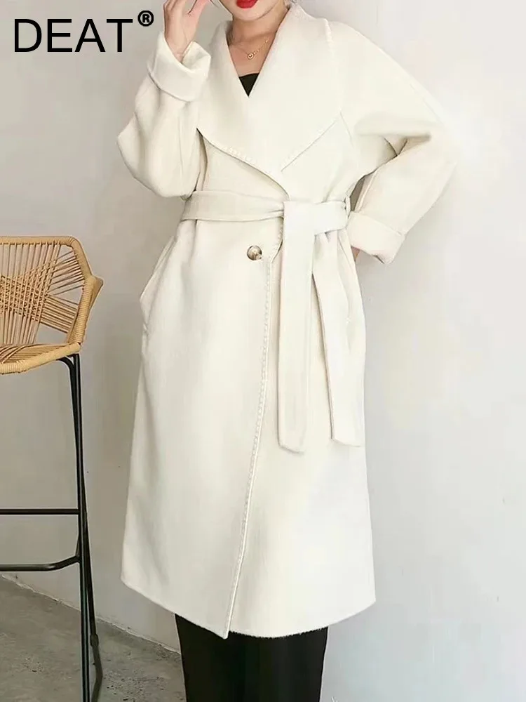 

DEAT Fashion Women's Woolen Coat Lapel Single Breasted Full Sleeve Sashes Solid Color Simple Overcoat Winter 2023 New 7AB2707