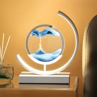 Creative Quicksand Art LED Bedside Table Lamp Night Light Bedroom Light Sand Scene Dynamic Round Glass Hourglass Lamp Home Decor