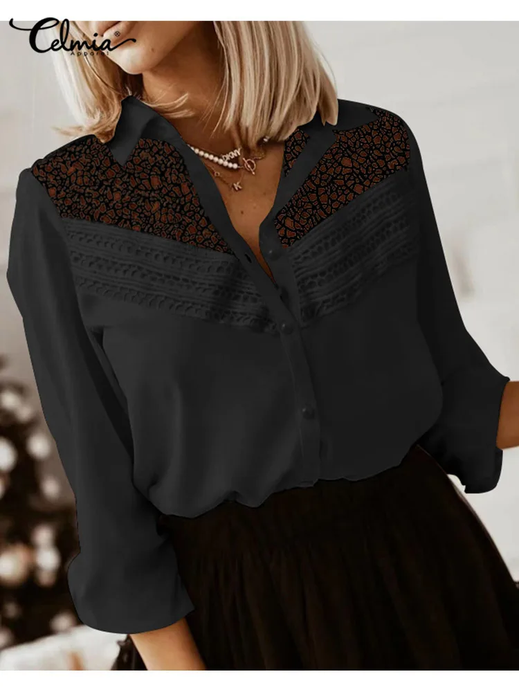

Модные топы Celmia с длинным рукавом, пикантные кружевные строченные рубашки, женские ажурные блузки с лацканами, туника на пуговицах, офисные ...