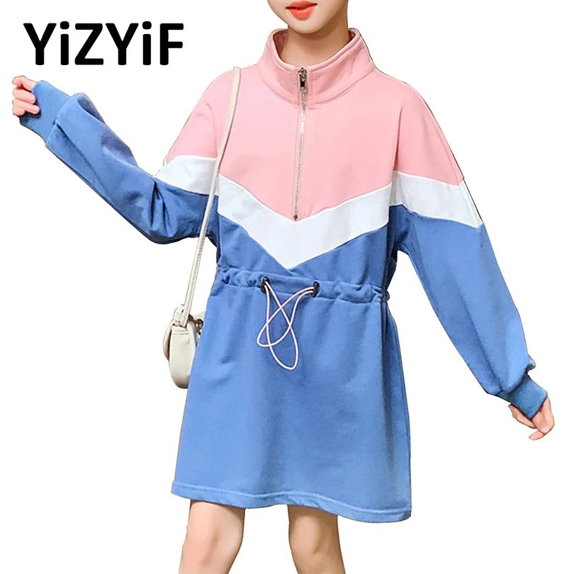 

Fashion Kids Girls Dance Dress Stand Collar Long Sleeves Front Zipper Drawstring at Waist Colorblock Dress Spring Outdoor Wear