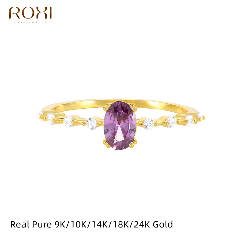 

ROXI Real Yellow Gold 9K/10K/14K/18K/24K Solid Gold Rings Luxury Purple Crystal Stone Wedding Ring For Women Bijoux Bague