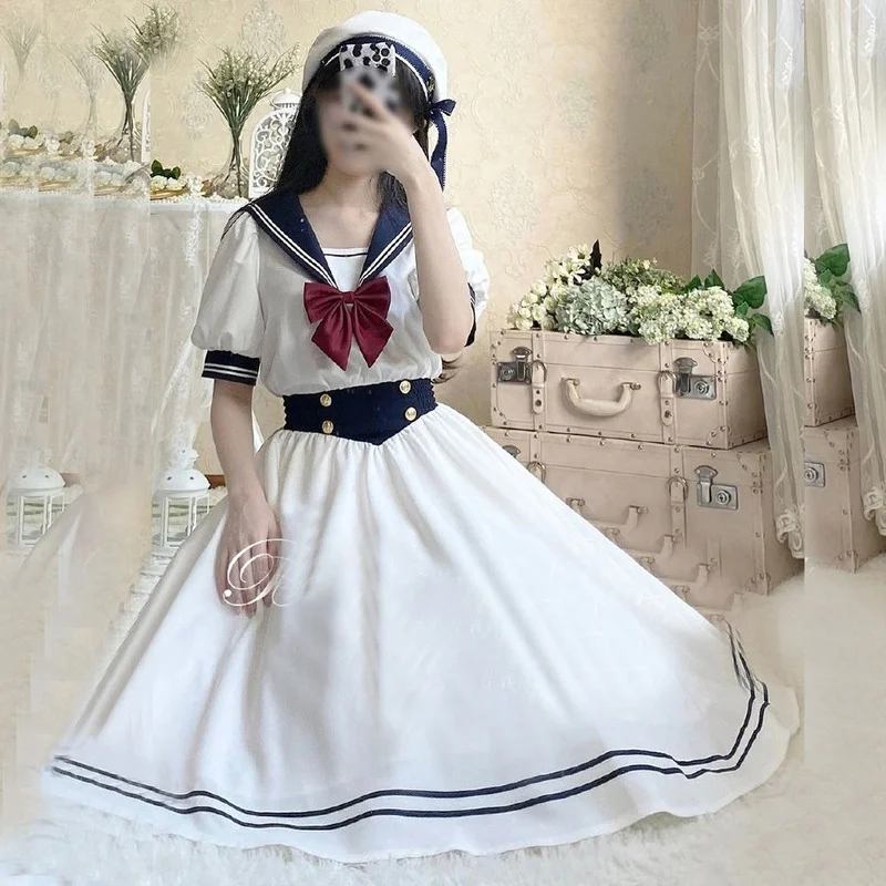 

2023 Preppy Sweet Woman Dress Chic Sailor Collar Puff Sleeve Vestidos Female Robe Lolita Dress Summer Cute Women's Dresses