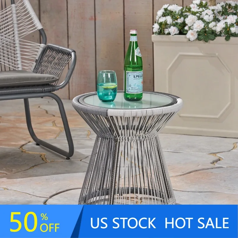 

Открытый плетеный боковой столик с стеклянной крышкой, серый, белый