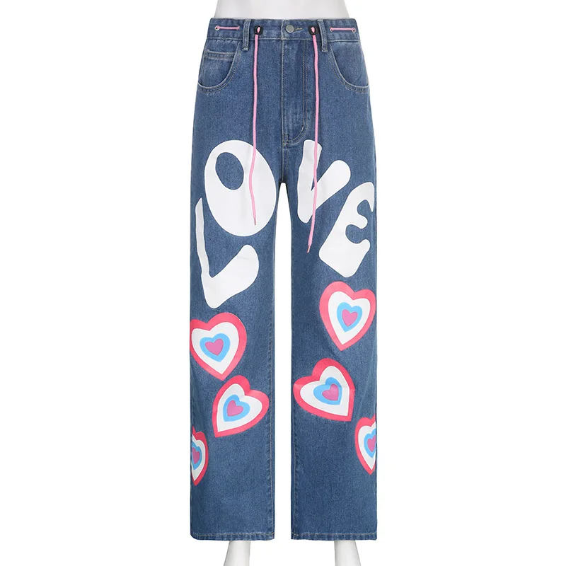 American Vintage Street Love Print Jeans Women 2023 Summe Loose Pendant Loose Plus Size Wide Leg Straight Pants Casual Trousers