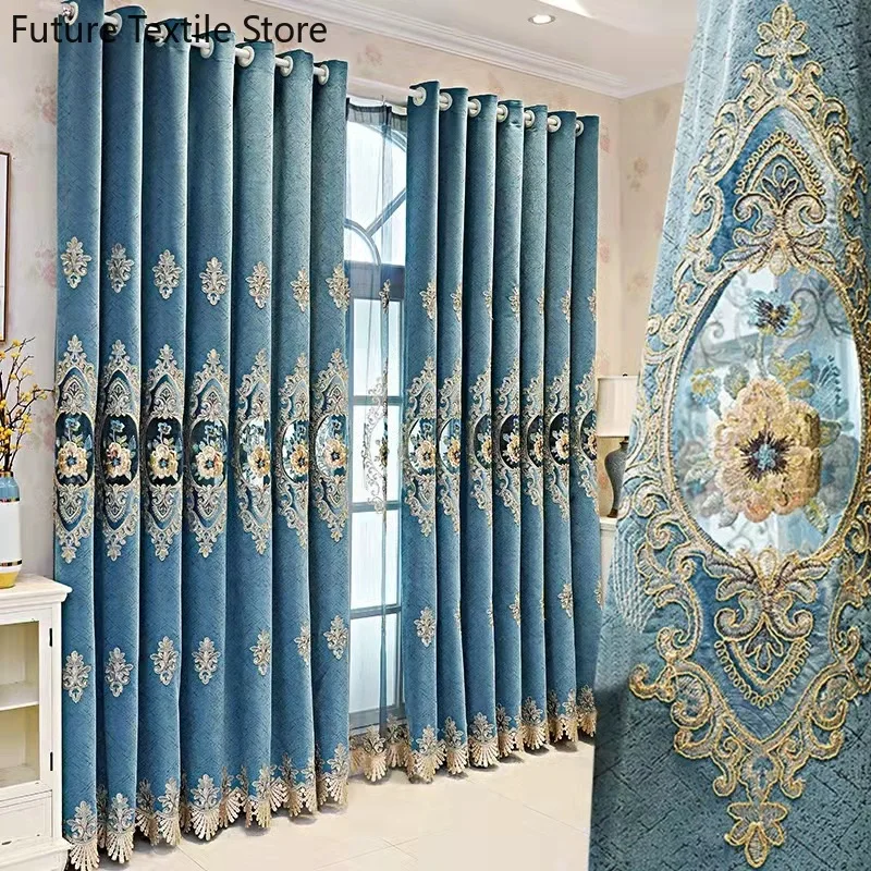 

European-style Curtains for Living room bedroom High-end Thickened chenille embroidered blue grey extravagance light luxury rhj
