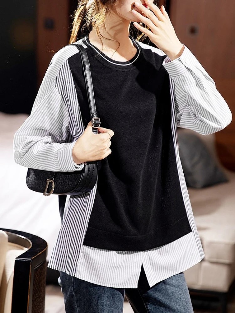 

Women's T-shirt Ladies Tops Fashion Spring Crew Neck Pullover Stripe Loose Long Sleeves Button-shaped Splicing Tenafeicc