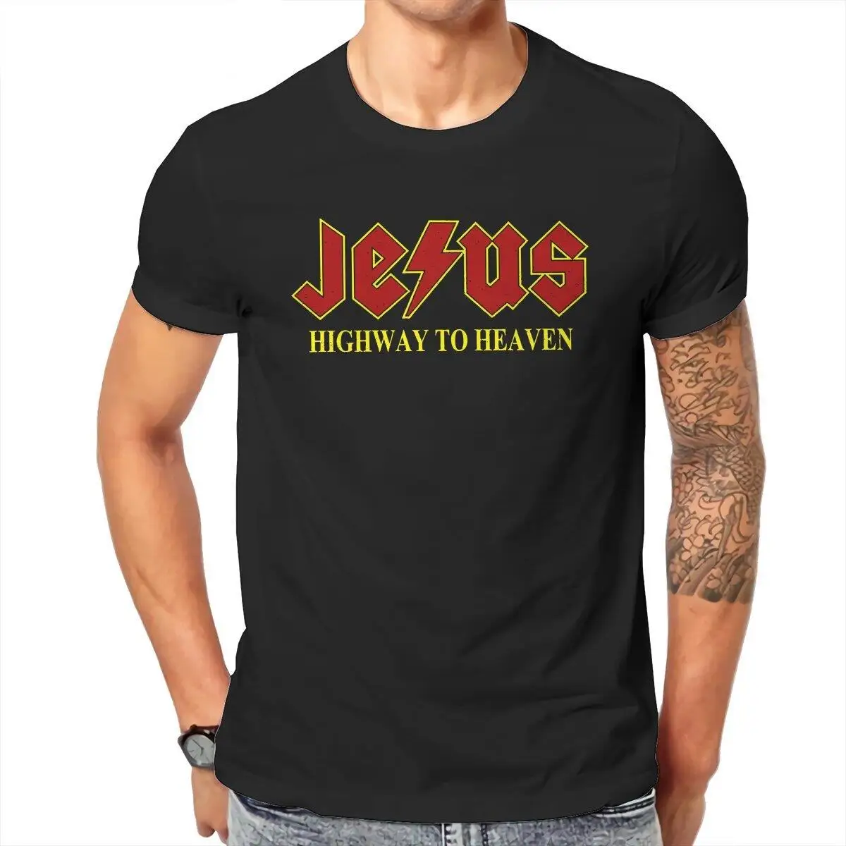 Vintage Jesus Rocks Highway to Heaven T-Shirts for Men O Neck Cotton T Shirt Christ Christian Religion Tees Printed Clothing