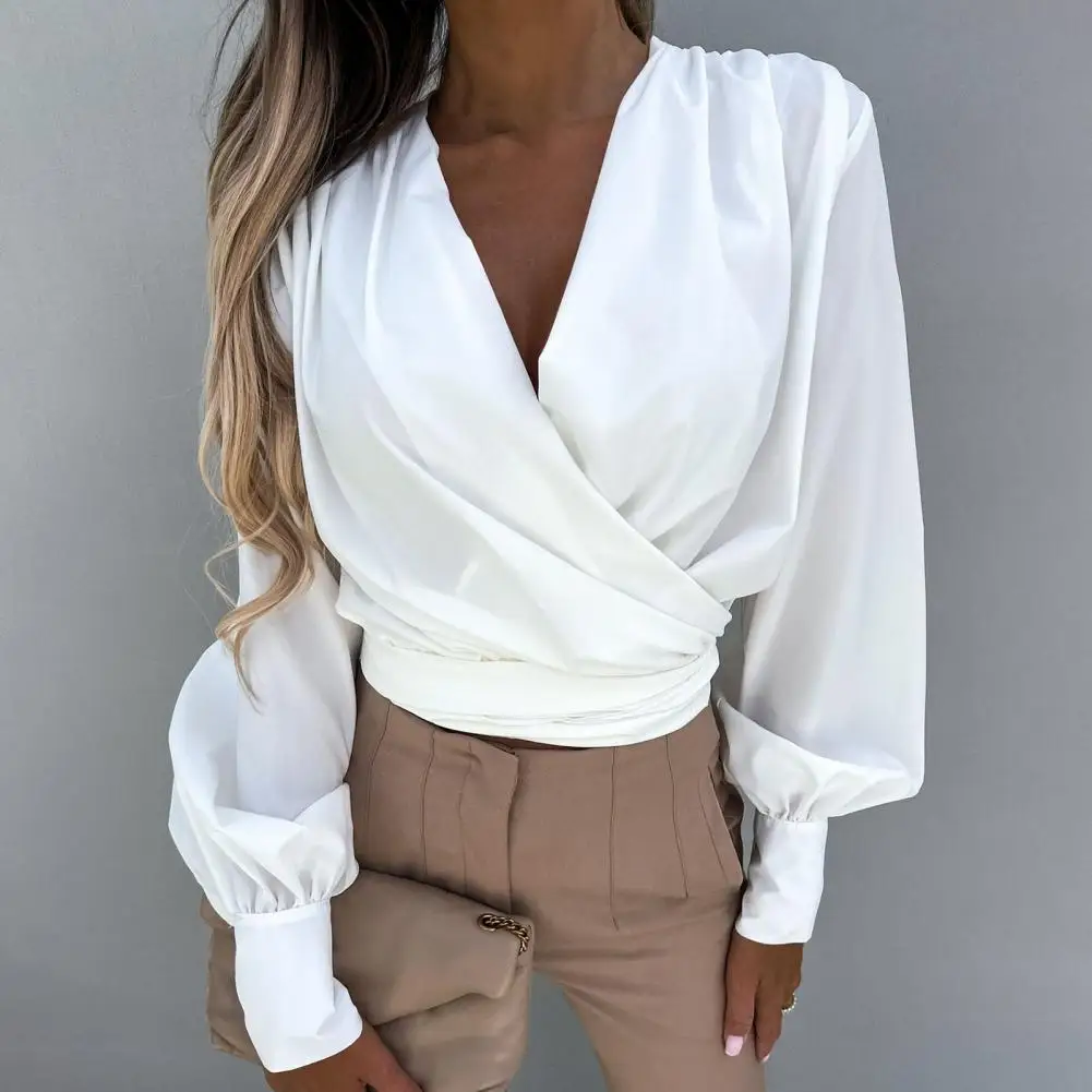 

Women Fashion Blouses Lantern Long Sleeve Solid Color Shirt Top V Neck Solid Color Office Autumn Casual Shirt Female Clothing