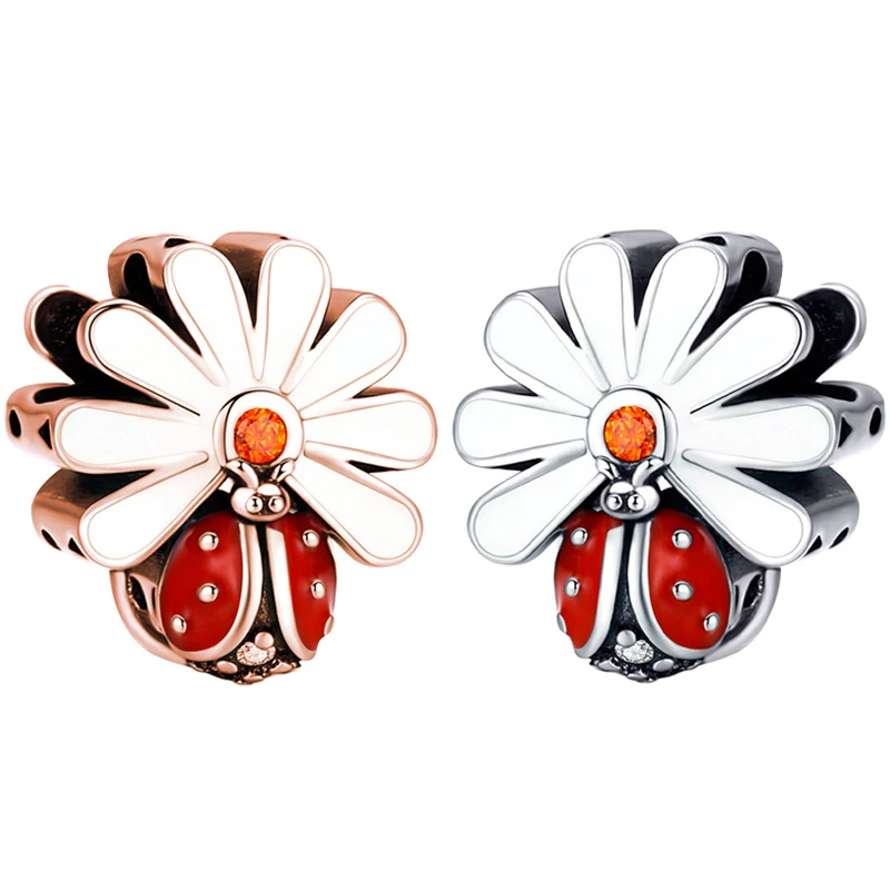 

Cute Daisy Ladybug Pendant Fit Original Pan Charms for Bracelet Making Women Men Red Enamel Ladybird Daisies Beads DIY Jewelry