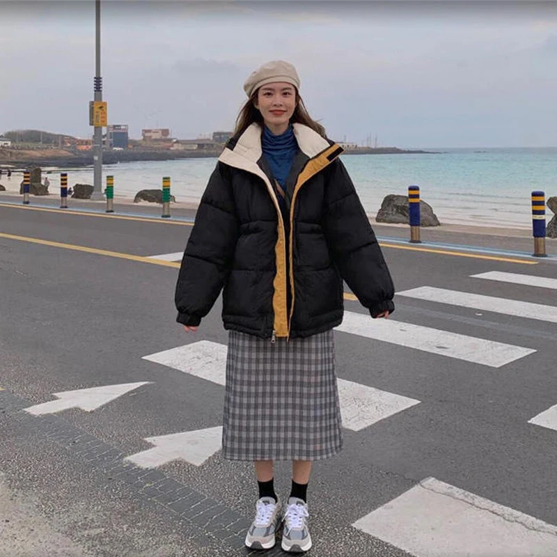 Autumn Winter New Patchwork Parka Women New Korean Fashion Loose Thicken Long Sleeve Stand Collar Puffer Jacket Mujer