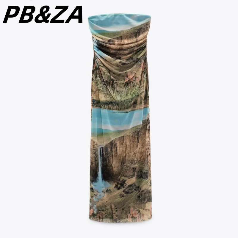 

PB & Za 2023 New Women's Clothing, Collapsed Tube Top Sexy Landscape Sewing Silk Net Dress Long Skirt 5039321