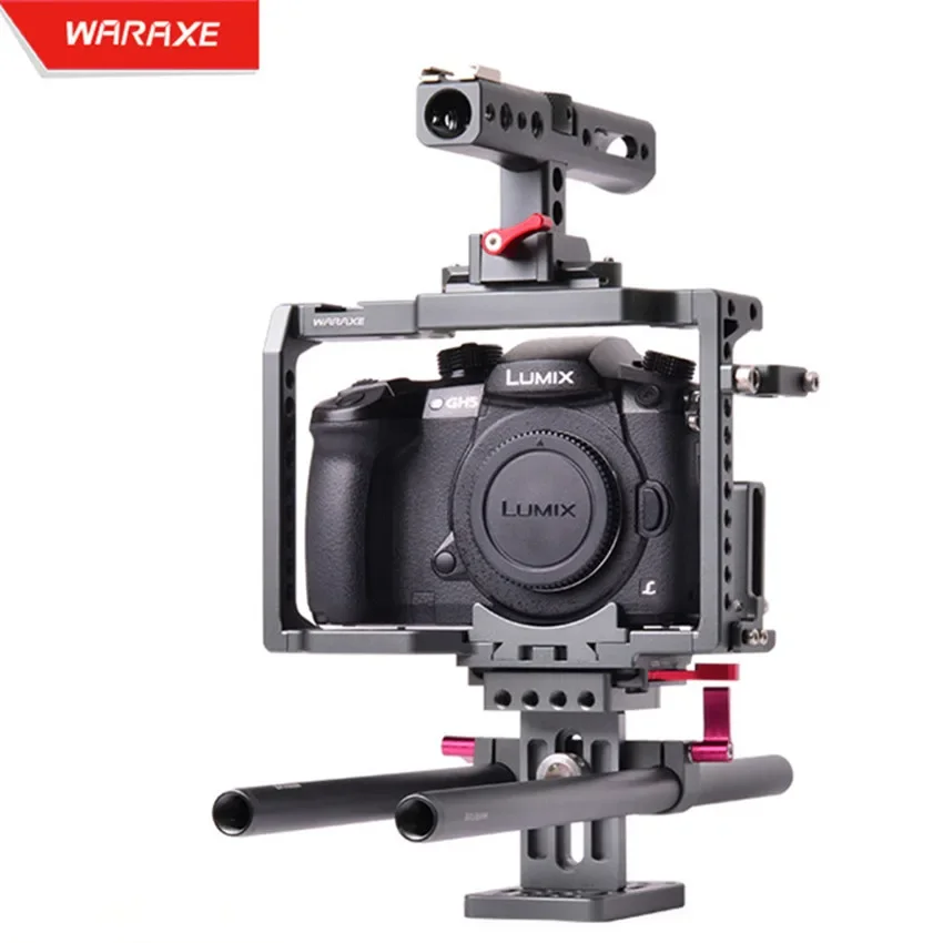 Фото Комплект WARAXE GH5, клетка для камеры, стабилизатор, стержень, встроенный быстросъемный механизм для камеры GH5 GH4 с ручкой на направляющую НАТО №1