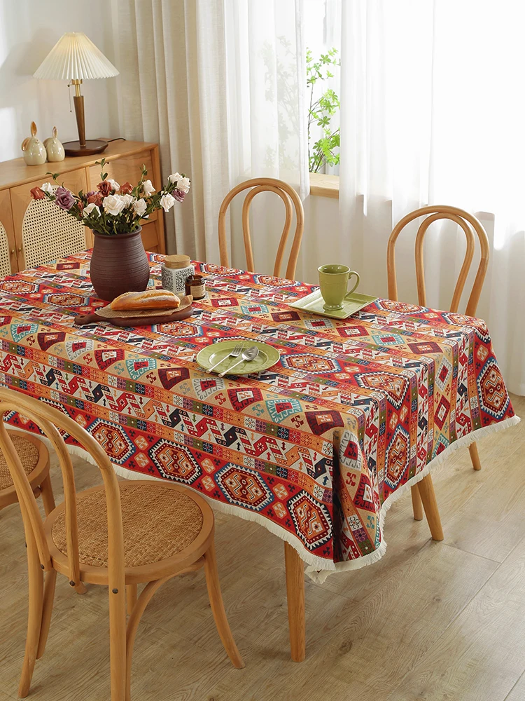 Bohemian Ethnic Sle Cotton and Linen Jacquard Fabric Tablecloth Festive Red Table Cloth Oil Painting Rectangular Tabl...