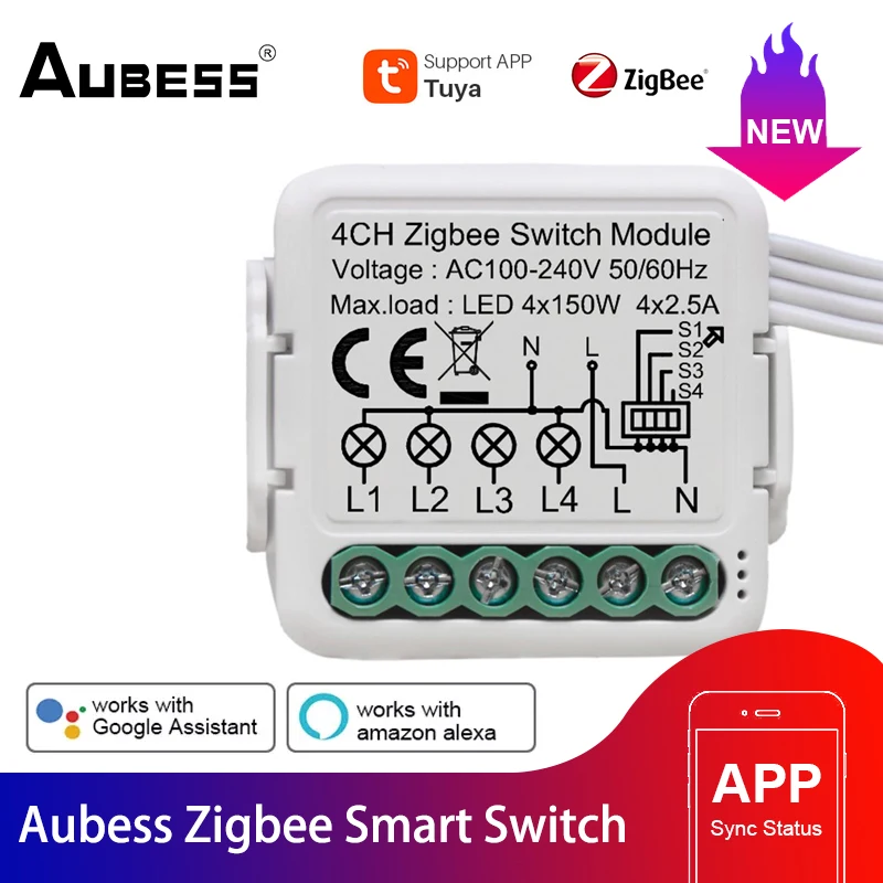 

Умный мини-выключатель Aubess Zigbee, релейный модуль, выключатель «сделай сам» с 3/4 каналами, двойное управление, работает с Alexa Google Home