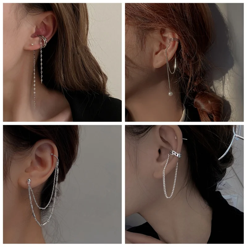 

New Fashion Double Chain Pendientes Tassel Earrings Ear Clip For Women Girl Long Cuff Earring No Pierced Bohemia Gift