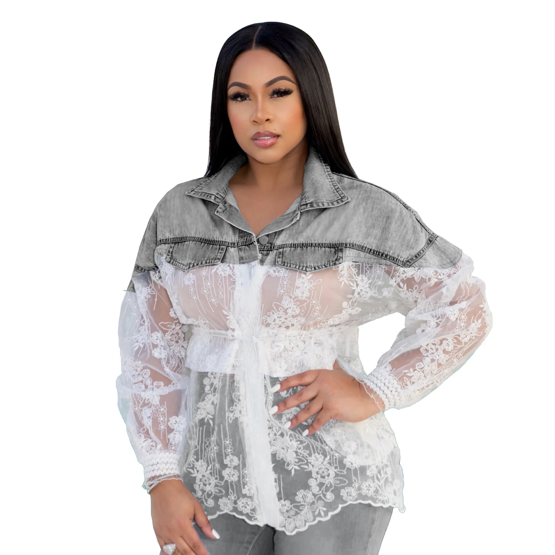 

Женская джинсовая рубашка, Лоскутная сетчатая блузка с вышивкой, прозрачная