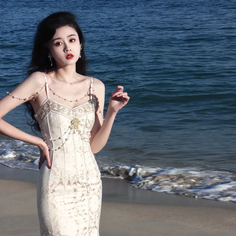 

Palace Style Gorgeous Party Mermaid Long Skirt Backless Flared Skirt Pearl Noble Light Luxury Sling Ruffled Dress Vintage Dress