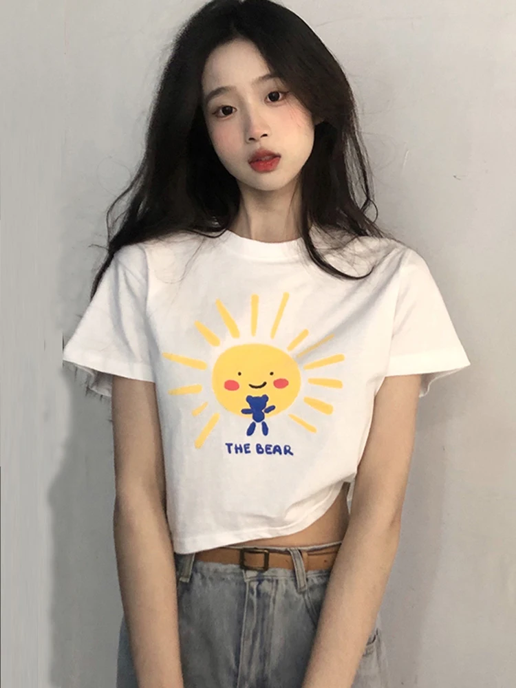 

2022 Summer New Women's Short T-shirt Cotton White Short-sleeved T-shirt Sweet Sexy Top Woman Cartoon Tshirts F163