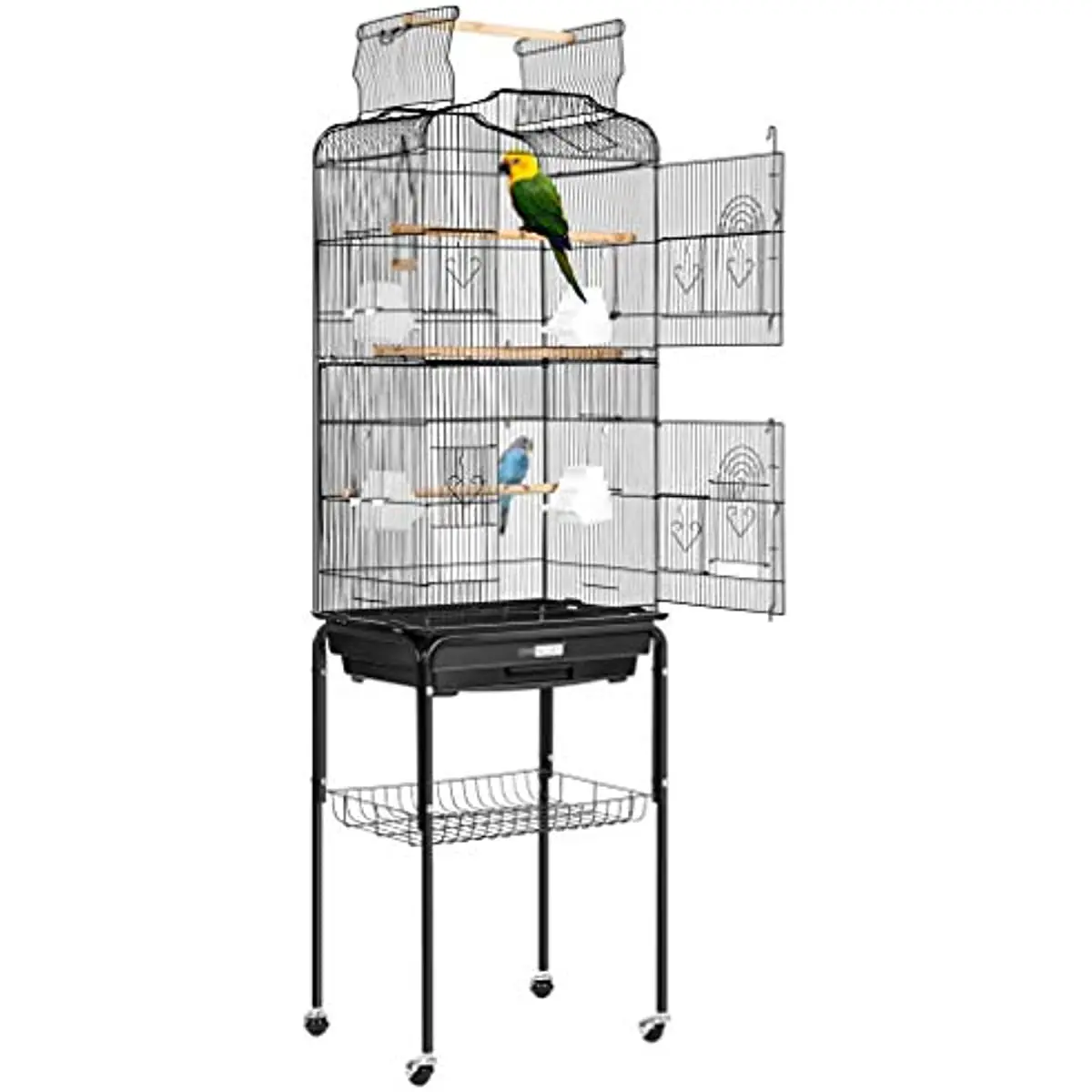 

59.8 Inch Wrought Iron Bird Cage with Play Top and Rolling Stand for Parrots Conures Lovebird Cockatiel Parakeets Black