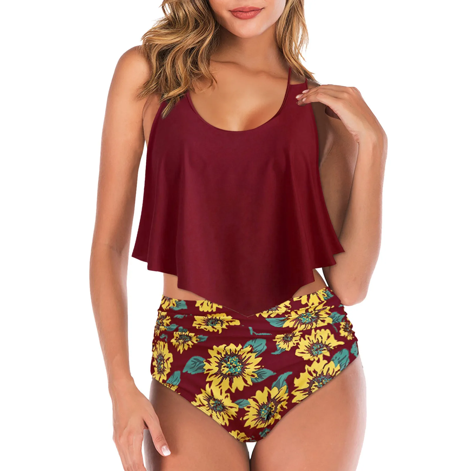 

Supportive Swimsuits for Women Two Print Overlay Swimsuit Set High Women Piece Bikini Halter Womens Bathing Suits Shorts Set