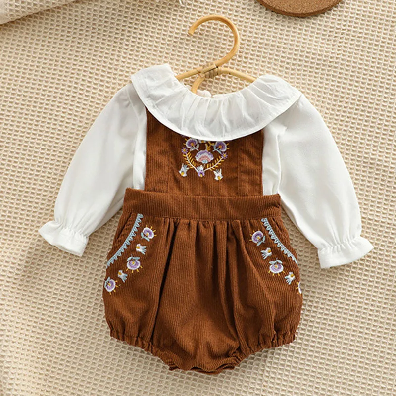 

Детский комплект одежды, хлопковая футболка с длинным рукавом + вельветовый комбинезон с вышивкой, осень-весна, комплект одежды для маленьк...