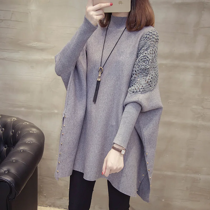 

2021 Autumn and Winter New Loose Sweater Coat Elegant Women's Half-high Collar Pullover Wrap Swing Beading Tops Korean Style