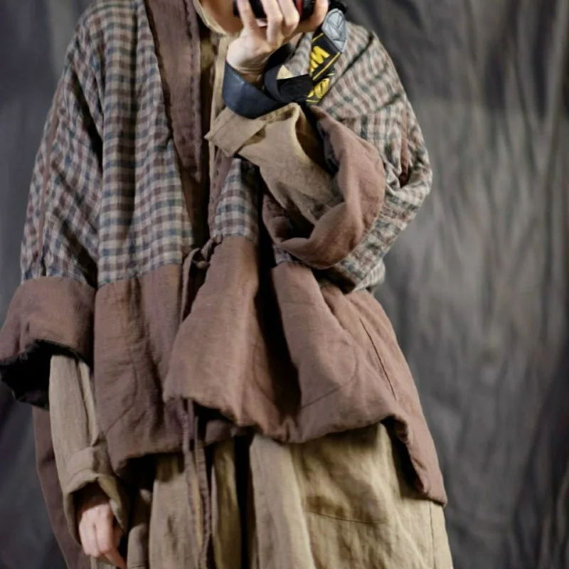 

Linen Plaid Stitching Thin Cotton Short Cardigan Autumn Winter Coat Retro Art and Versatile Trendy Autumn