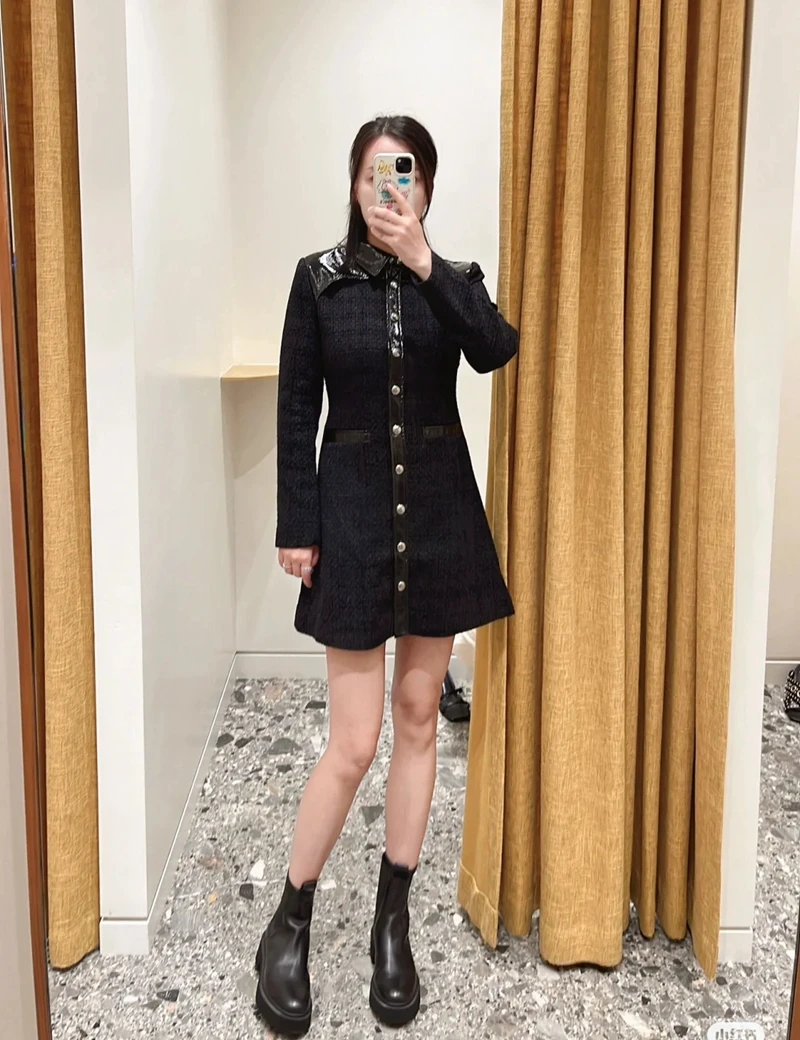 

Оригинальные бутик рукава из искусственной кожи шарнирные твидовые пуговицы мини платье ЕС 34-40