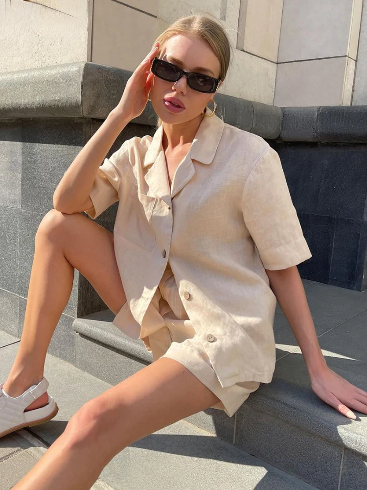 

Bornladies Fashion Linen Women'S Summer Suits Casual Loose Short Sleeve Blosue With Shorts Set Elegant Office Suits With Shorts