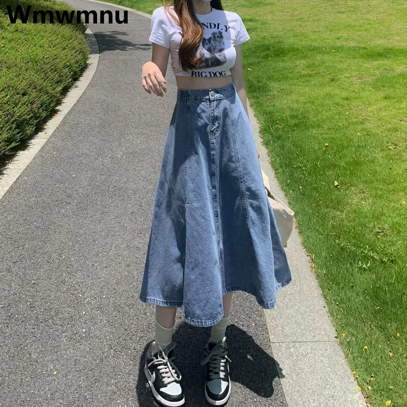 

Women Plus Size 5xl Jean Skirt Elastic High Waist Korean Fashion A-line Midi Falda Aesthetic New Denim Skirts Summer Casual Jupe