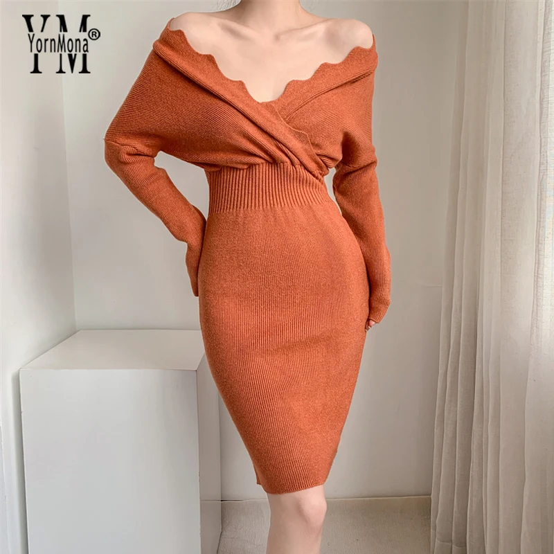 

YornMona Women Dress Autumn Winter Elegant Off Shoulder Long Sleeve Knitted Sweater Dress Lady Slim Waist Package Hips Bodycon