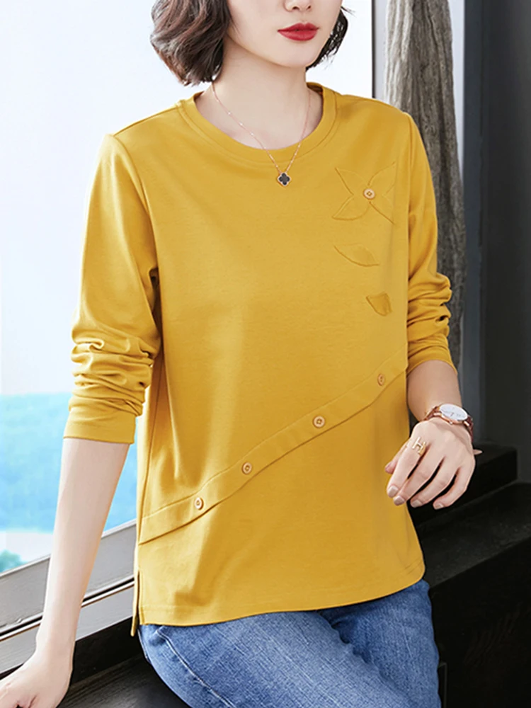 

Cotton Long Sleeve Women T Shirt Button Top Ladies 2022 Spring Autumn Loose Casual T-shirt Korean Style Woman Clothes T Shirts
