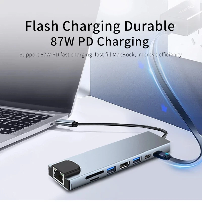 

USB-концентратор 8 в 1, Type-C 3,1-4K HDMI, RJ45, SD/TF
