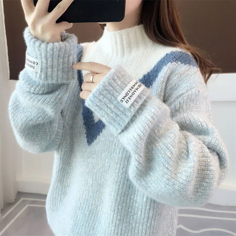 

Half High Collar Fashion Patchwork Thick Sweaters Autumn Winter Korean Preppy Style Loose Long Sleeve Sweet Knitted Jumpers