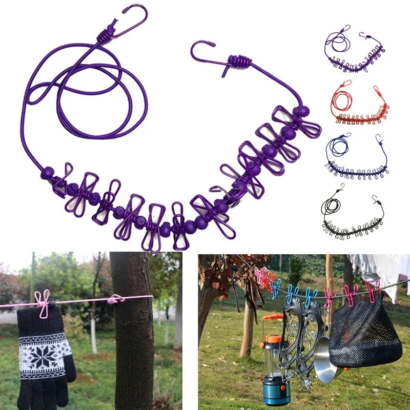 

Outdoor Camping Clothesline Portable Stretch 12Clips Laundry Drying Rope Travel Stretchy Windproof Sock Line Hanging Clothesline