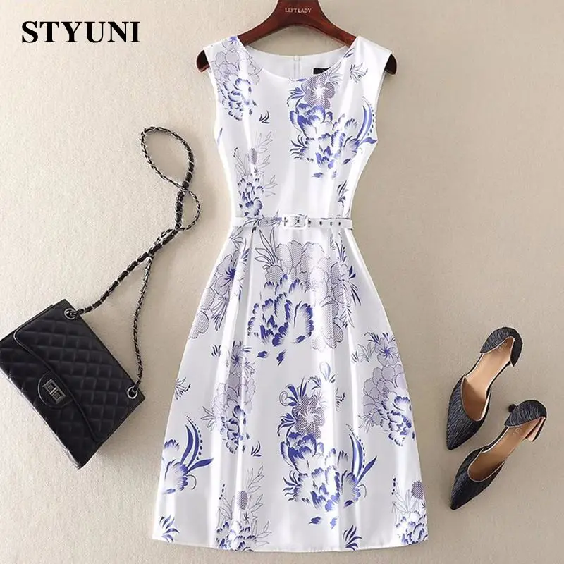 

Floral Printing Casual A-Line O-Neck High Waist With Belt Women's Dress Korean Fashion Sleeveless Knee-Length Dresses For Women
