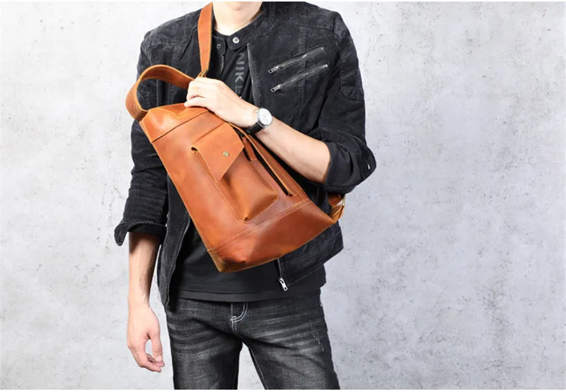Retro personality designer natural crazy horse cowhide men shoulder bag outdoor casual genuine leather multifunctional chest bag