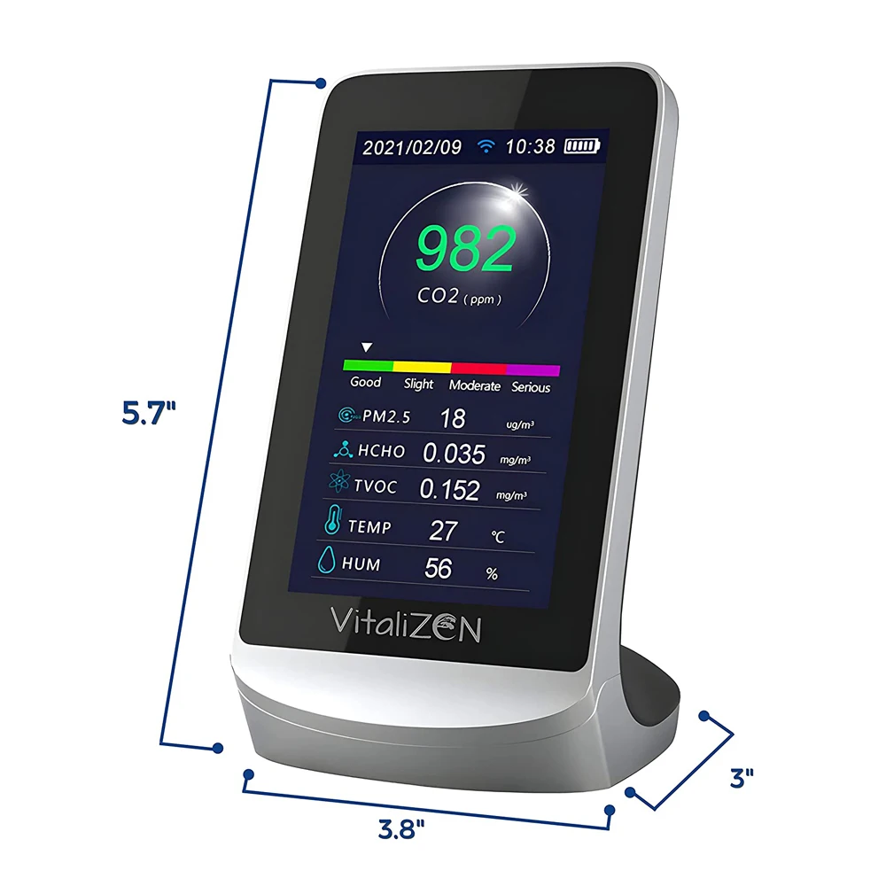 Фото Монитор качества воздуха 10 в 1, размеры PM2,5, 1,0, PM10 HCHO TVOC AQI Temp, влажность и формальдегид, газ с цветным экраном №3
