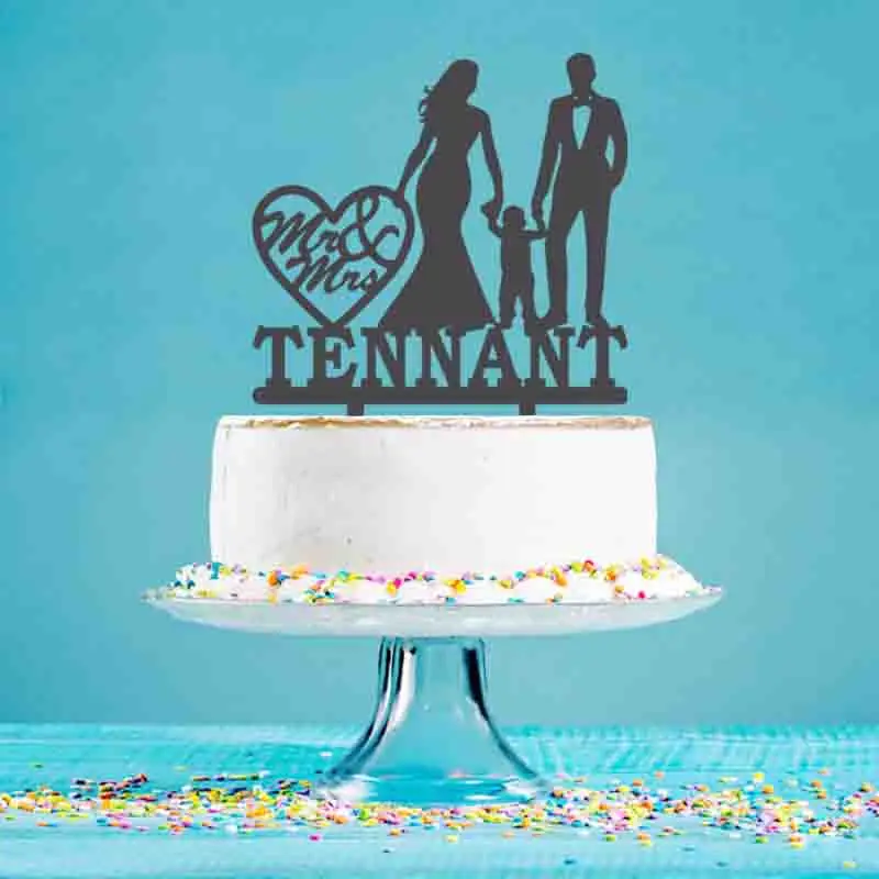 

A Family of Three Silhouette Custom Mr. and Mrs. Last Name Wedding Anniversary Party Cake Decoration Topper