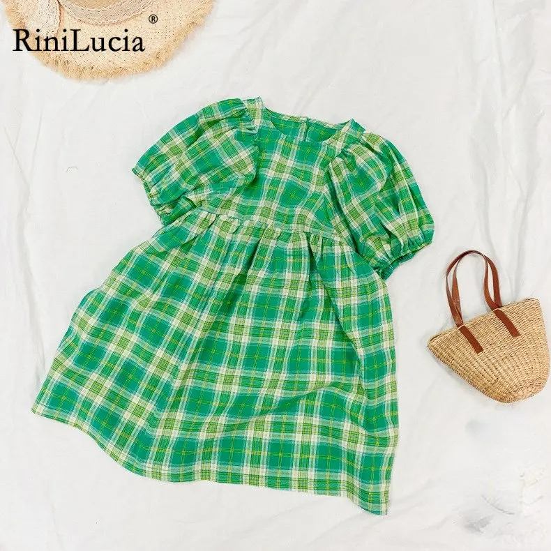 

RiniLucia Girls Puff Sleeve Princess Dress 2023 Summer New Childrens Wear Girl Baby Retro Plaid Dress Cute Princess Dress