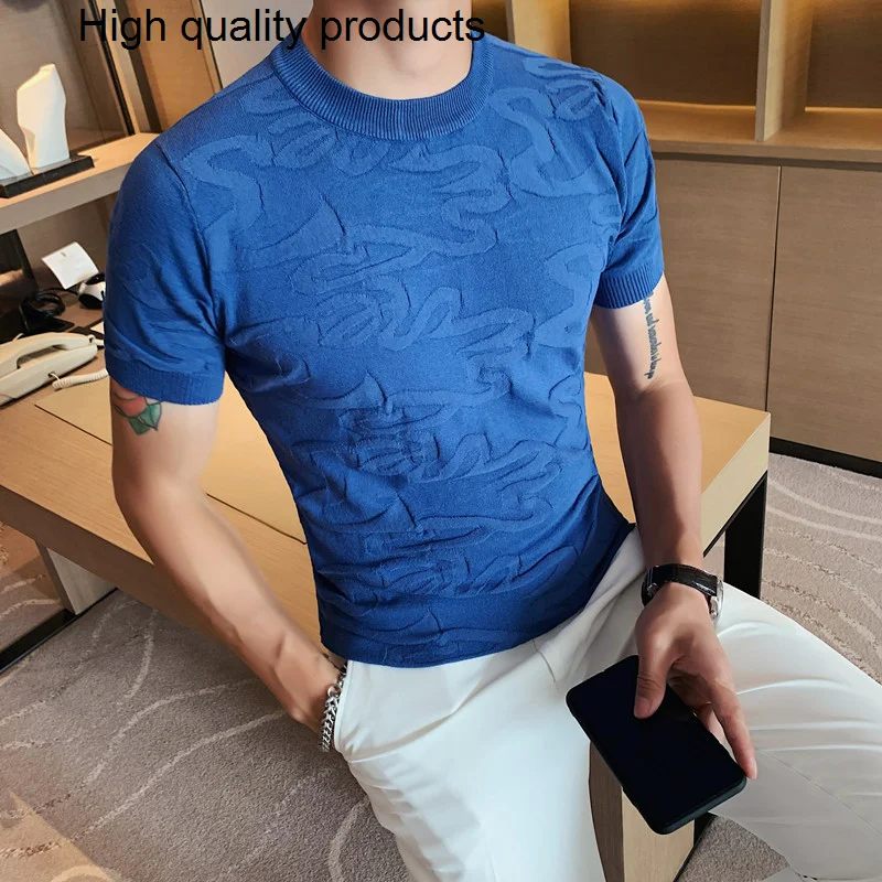 

2023 British Style Summer Leisure Tees for Men Short Sleeve T-shirts/Male O-Neck Slim Fit Lce Silk T-shirts Plus Size S-3XL