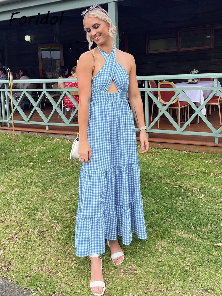

Женское винтажное платье-макси в клетку, голубое платье в мелкую клетку, с открытой спиной и лямкой на шее, а-силуэт, Пляжный наряд для женщин...