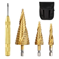 5pcs high speed steel spiral step drill bit set with automatic spring loaded center punch hss metal hole cutter