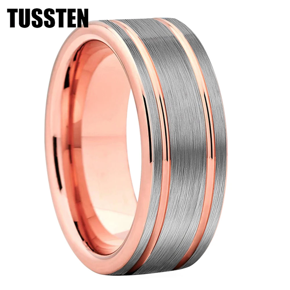 

Dropshipping TUSSTEN 8MM Men Women Tungsten Engagement Ring Rose Gold Wedding Band Grooved Brushed Finish Comfort Fit