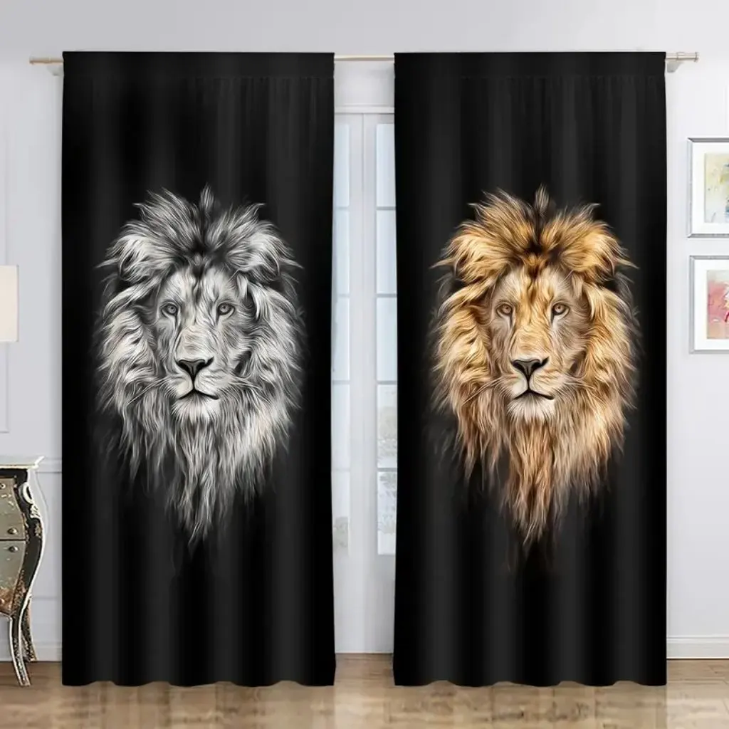 2Pcs King and Queen Lion Crown Red Roses 3D Print Window Curtains for Living Room Bedroom Kitchen Door Hall Home Decor